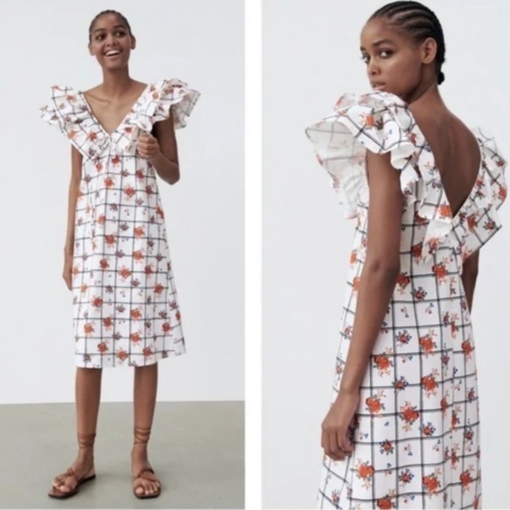 White Floral Grid Ruffle V-Neck Dress